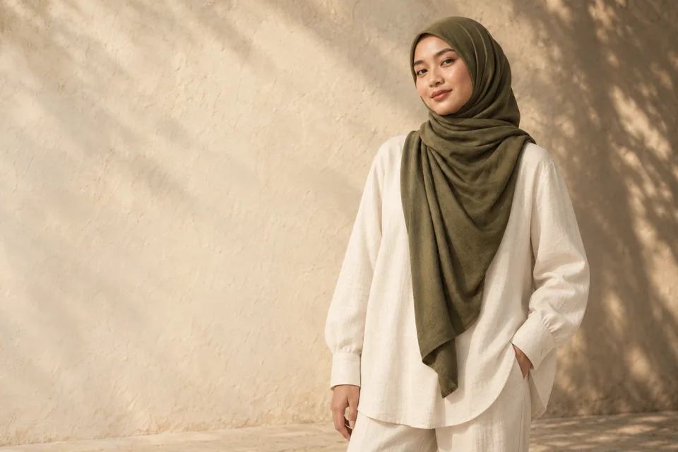 The Alun olive tudung campaign, styled with a loose cream outfit.