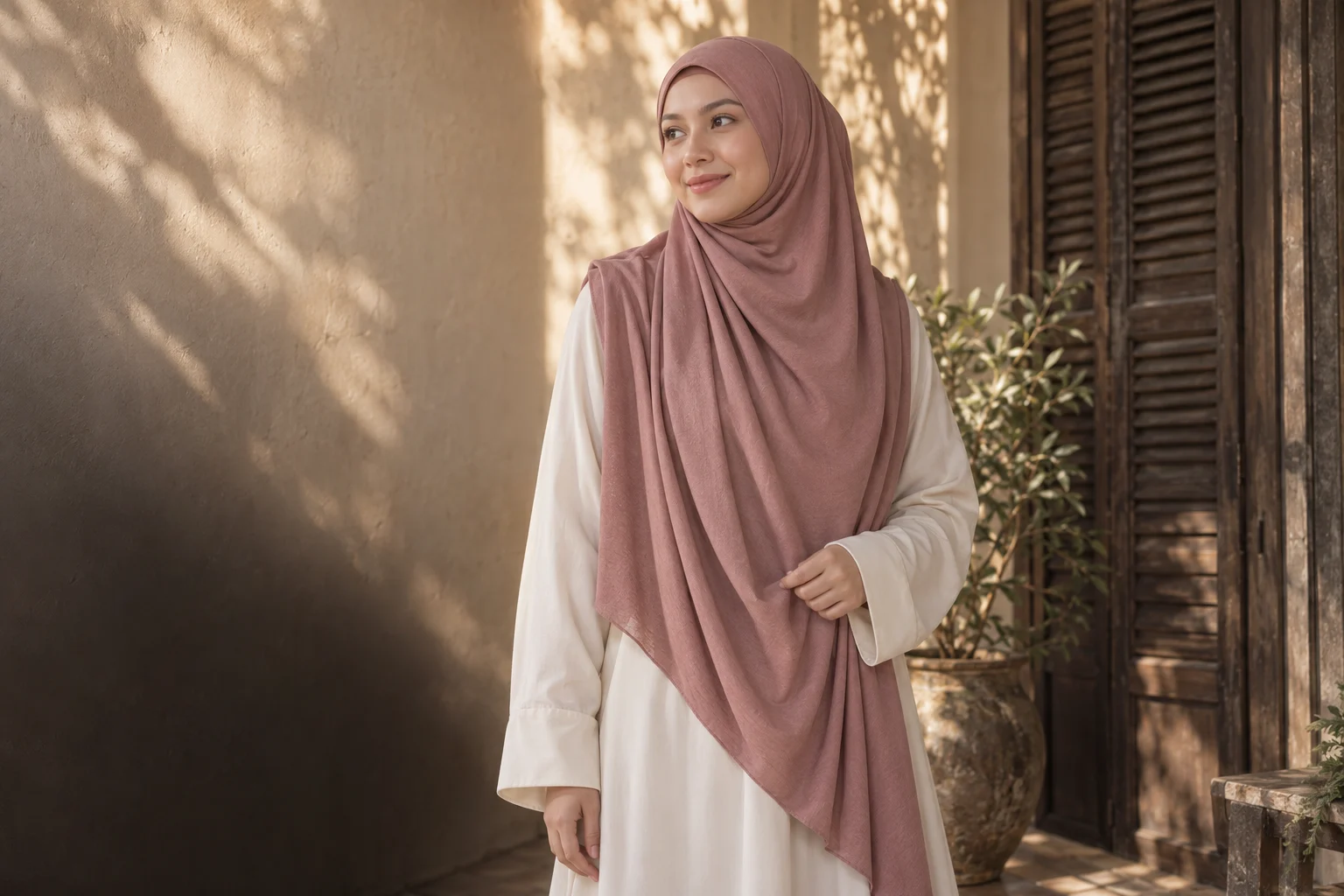 A woman in a dusty rose tudung covering her hair, neck and chest, with loose ivory clothing and covered wrists, beside wooden shutters.