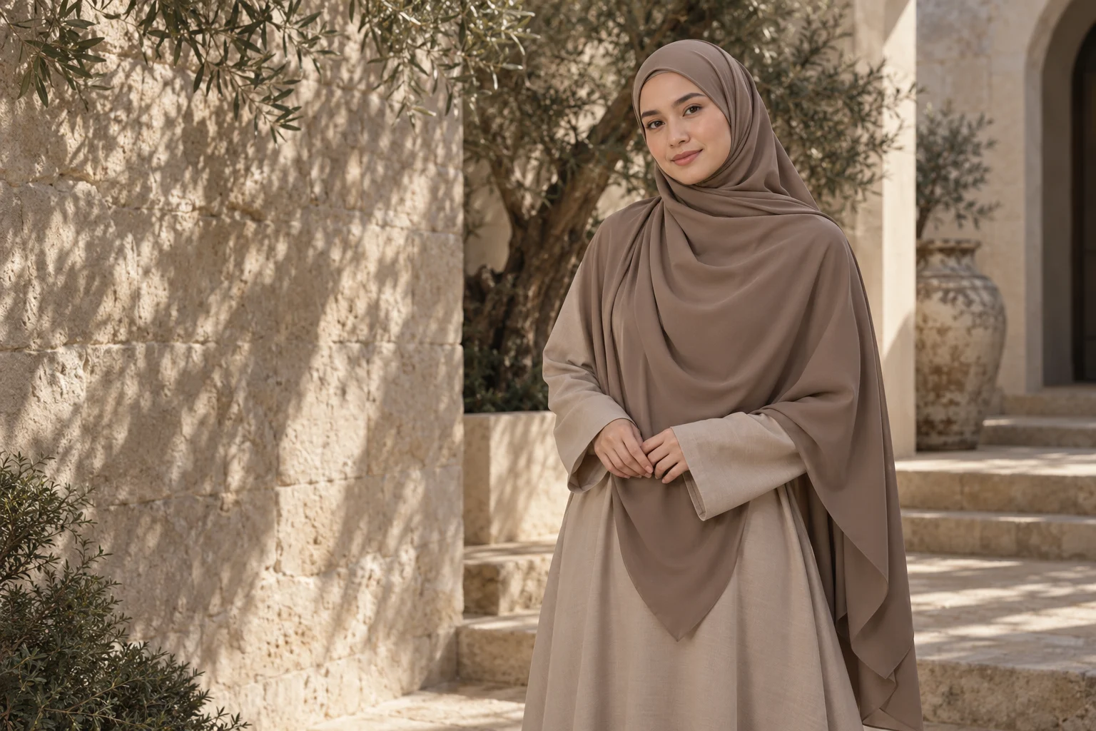 A woman in a taupe tudung covering her hair, neck and chest, with loose opaque clothing and covered wrists, in a limestone courtyard.